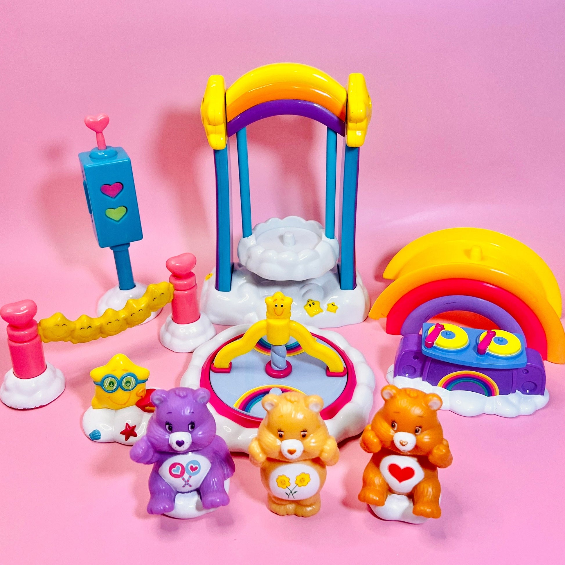 Vintage TCFC 2003 Care Bears "Care a Lot" Playground Set: Swing, Bridge, Merry Go Round, and Accessories with 3 Care Bears! - Dolly Magic