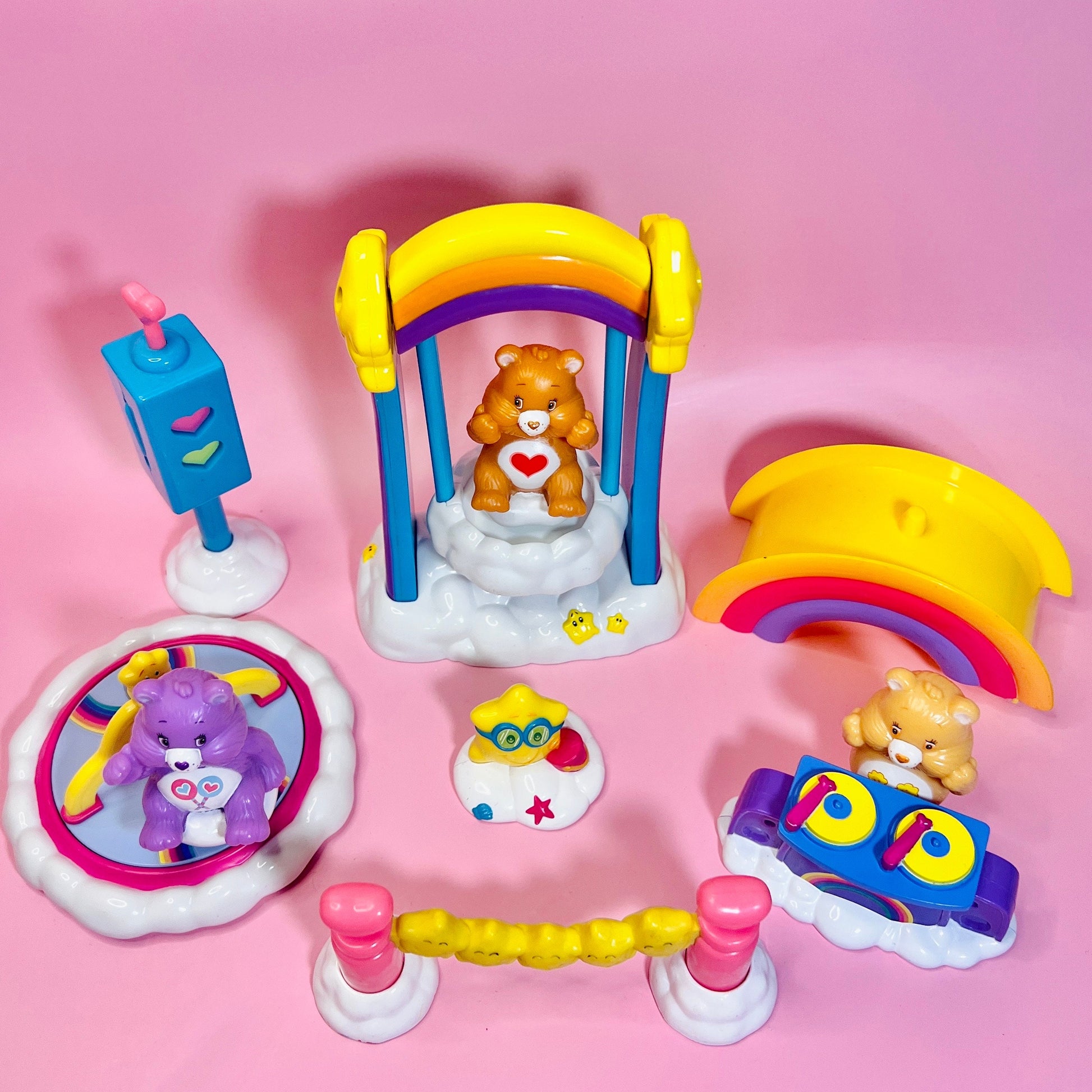 Vintage TCFC 2003 Care Bears "Care a Lot" Playground Set: Swing, Bridge, Merry Go Round, and Accessories with 3 Care Bears! - Dolly Magic