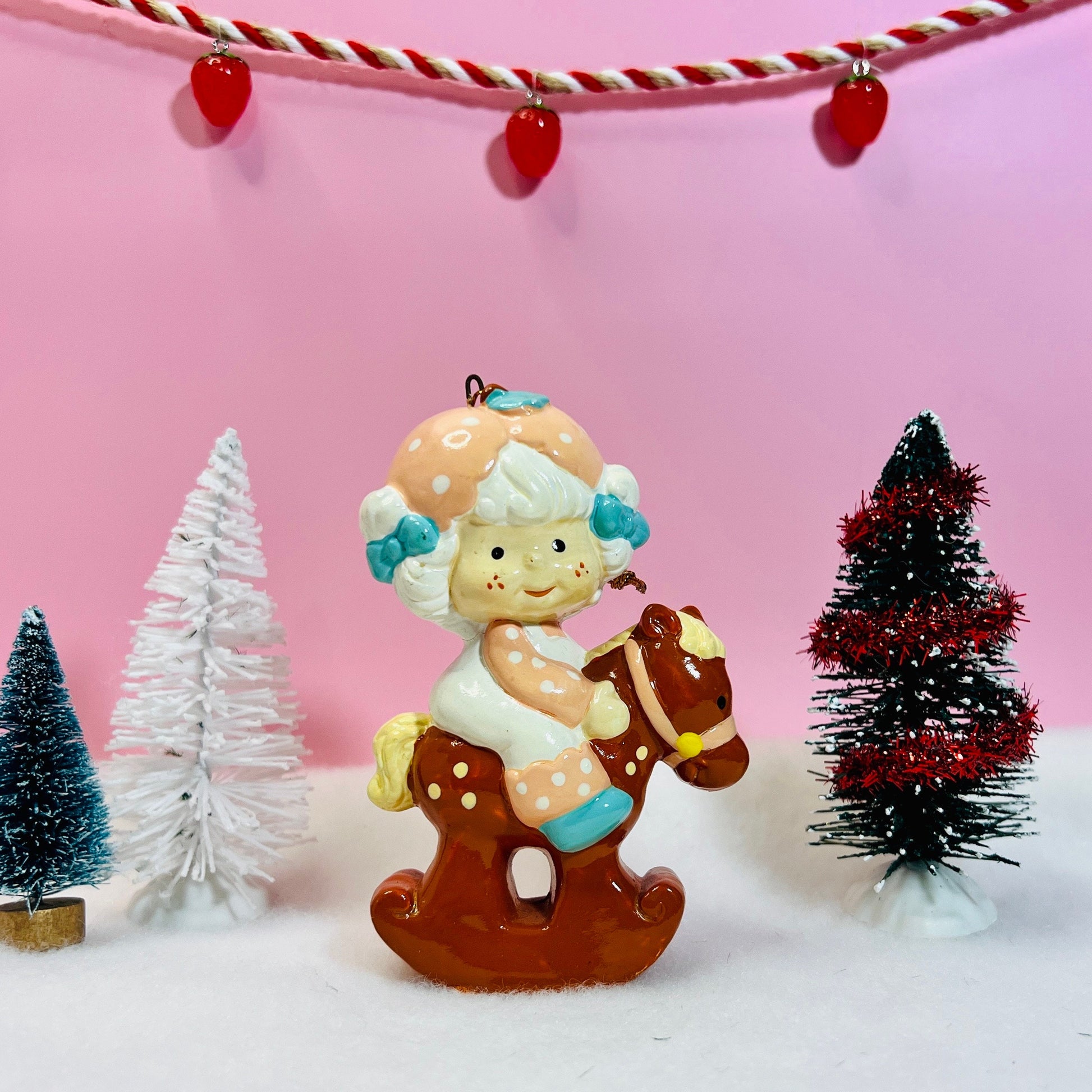 VERY RARE 1982 Vintage Strawberry Shortcake Ceramic Christmas Ornament: Apricot on Rocking Horse - Dolly Magic