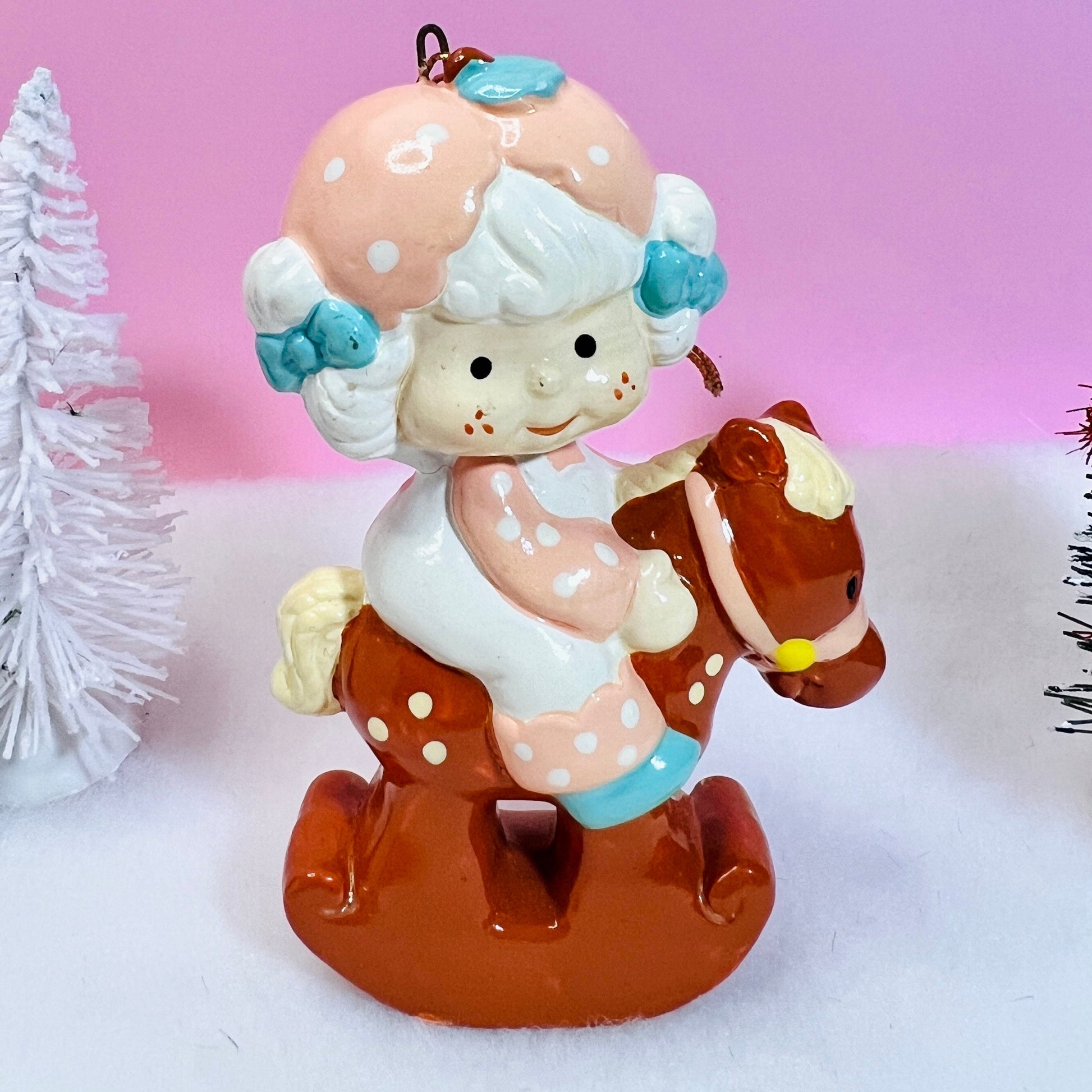 VERY RARE 1982 Vintage Strawberry Shortcake Ceramic Christmas Ornament: Apricot on Rocking Horse - Dolly Magic