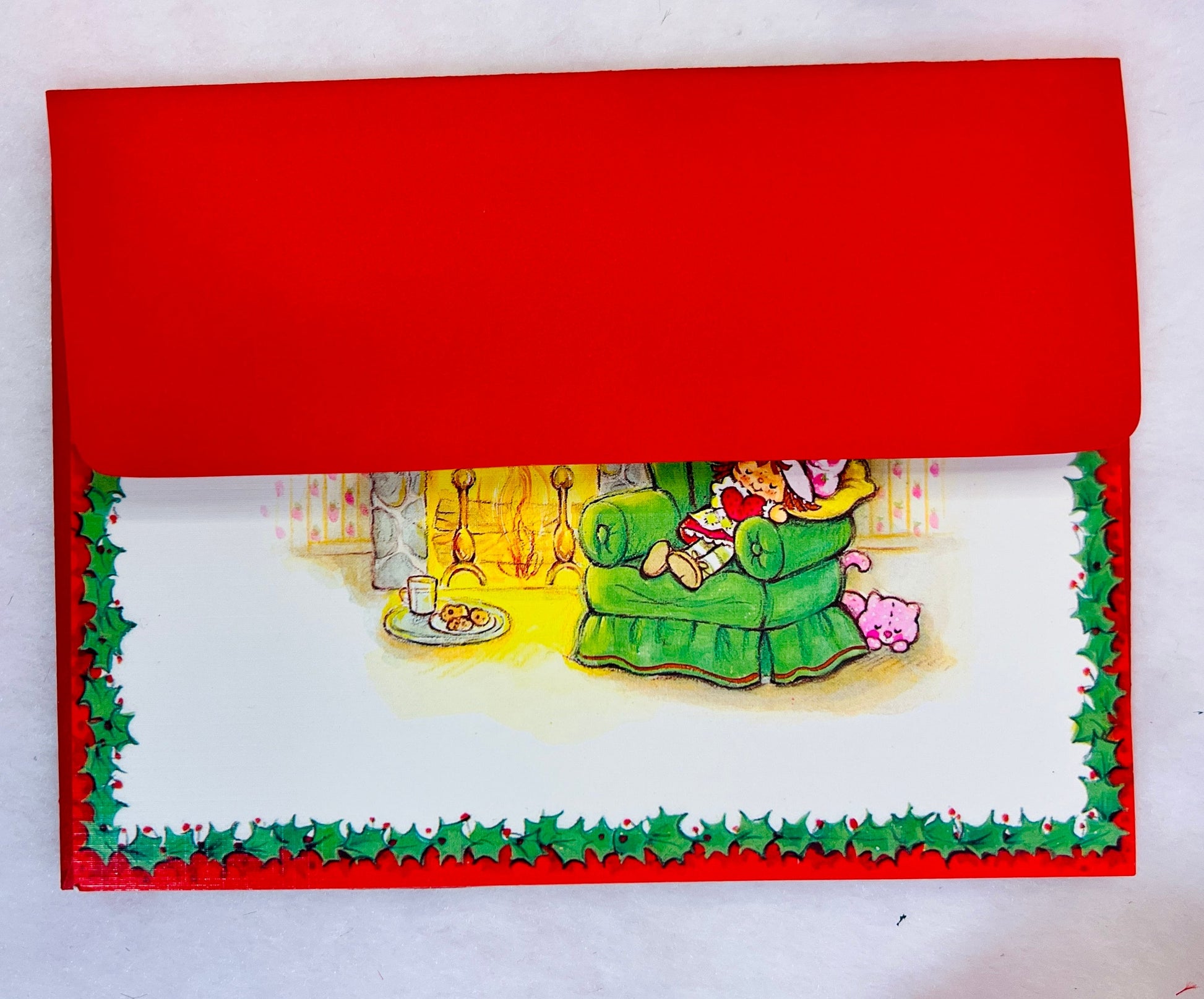 Vintage 1983 Strawberry Shortcake Christmas Greeting Card: Strawberry By The Fireplace - Dolly Magic