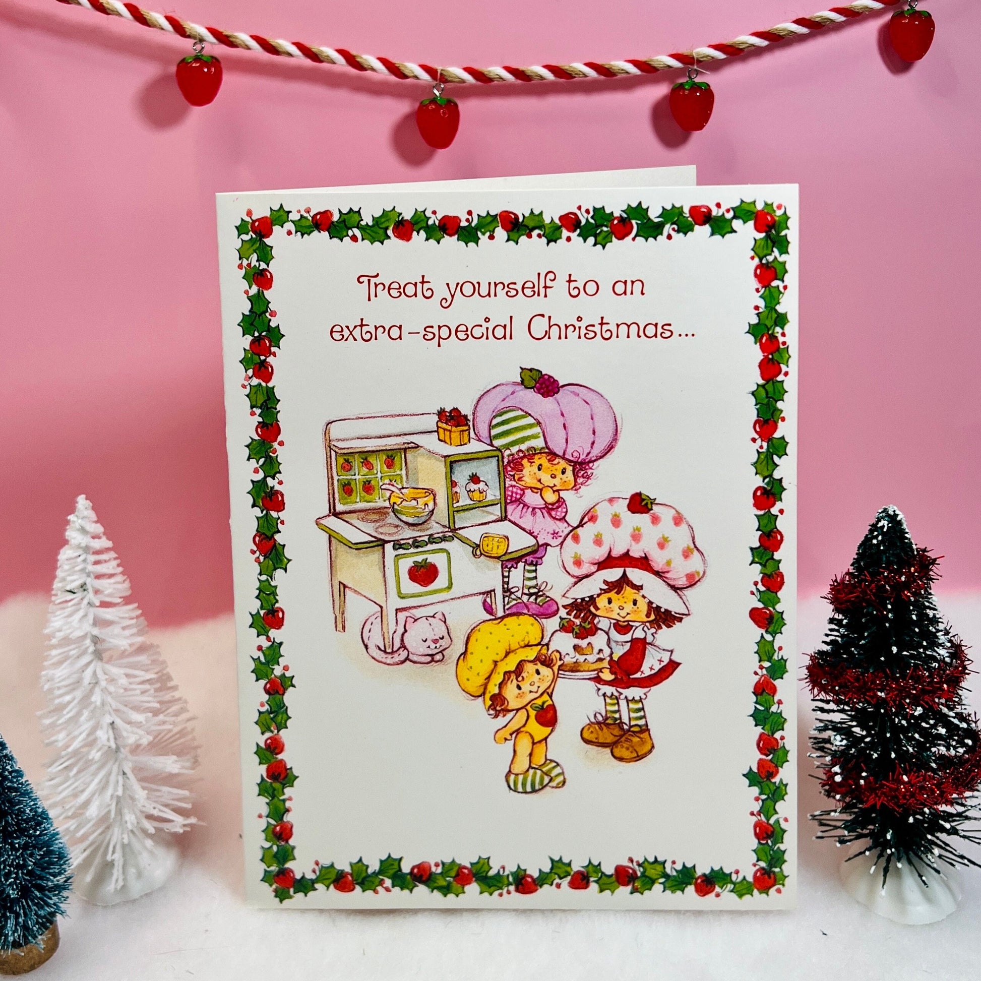 Vintage 1980 Strawberry Shortcake Christmas Greeting Card: Strawberry & Friends Baking Christmas Treats - Dolly Magic
