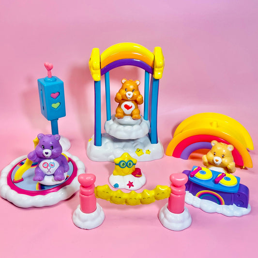 Vintage TCFC 2003 Care Bears "Care a Lot" Playground Set: Swing, Bridge, Merry Go Round, and Accessories with 3 Care Bears! - Dolly Magic