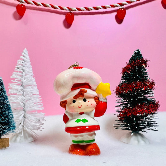 1982 Vintage Strawberry Shortcake Ceramic Christmas Ornament: Strawberry Herself With a Star - Dolly Magic