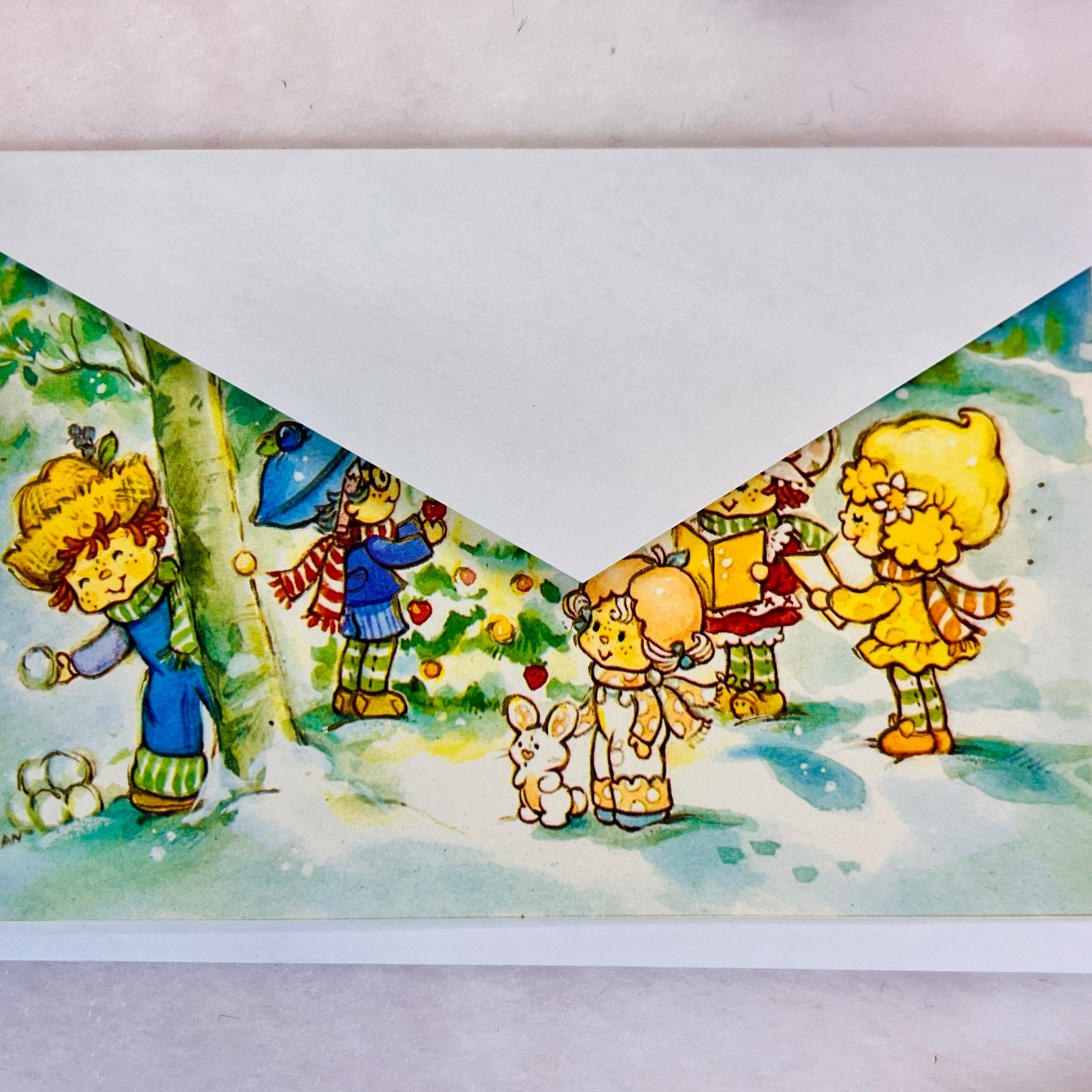 Vintage 1982 Strawberry Shortcake Christmas Greeting Card: Strawberry & Friends in the Snowy Woods - Dolly Magic
