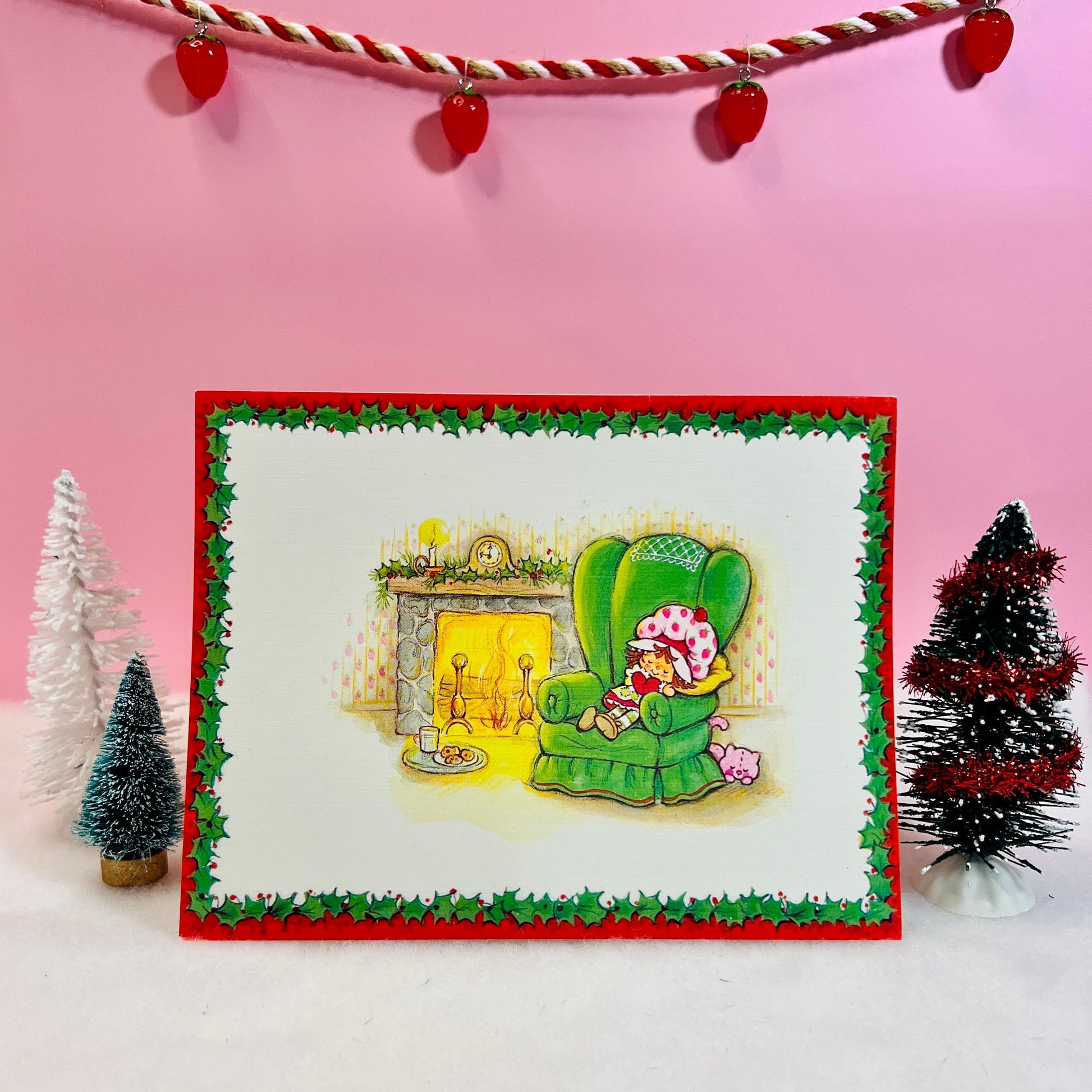 Vintage 1983 Strawberry Shortcake Christmas Greeting Card: Strawberry By The Fireplace - Dolly Magic
