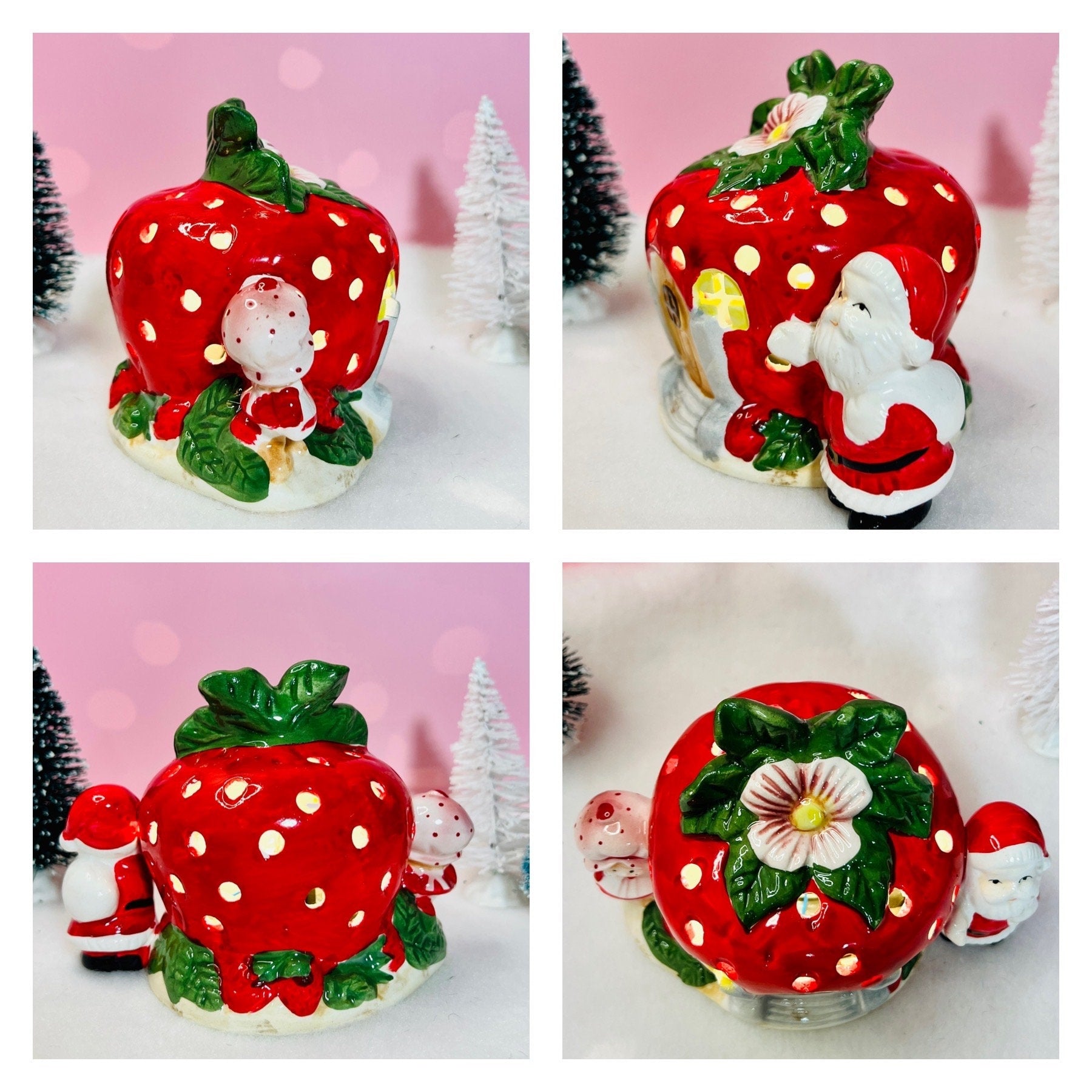 Vintage 1980 "Santa Visits Strawberry Shortcake" Christmas Twinkling Light Up Ceramic Berry House with Original Box - Dolly Magic
