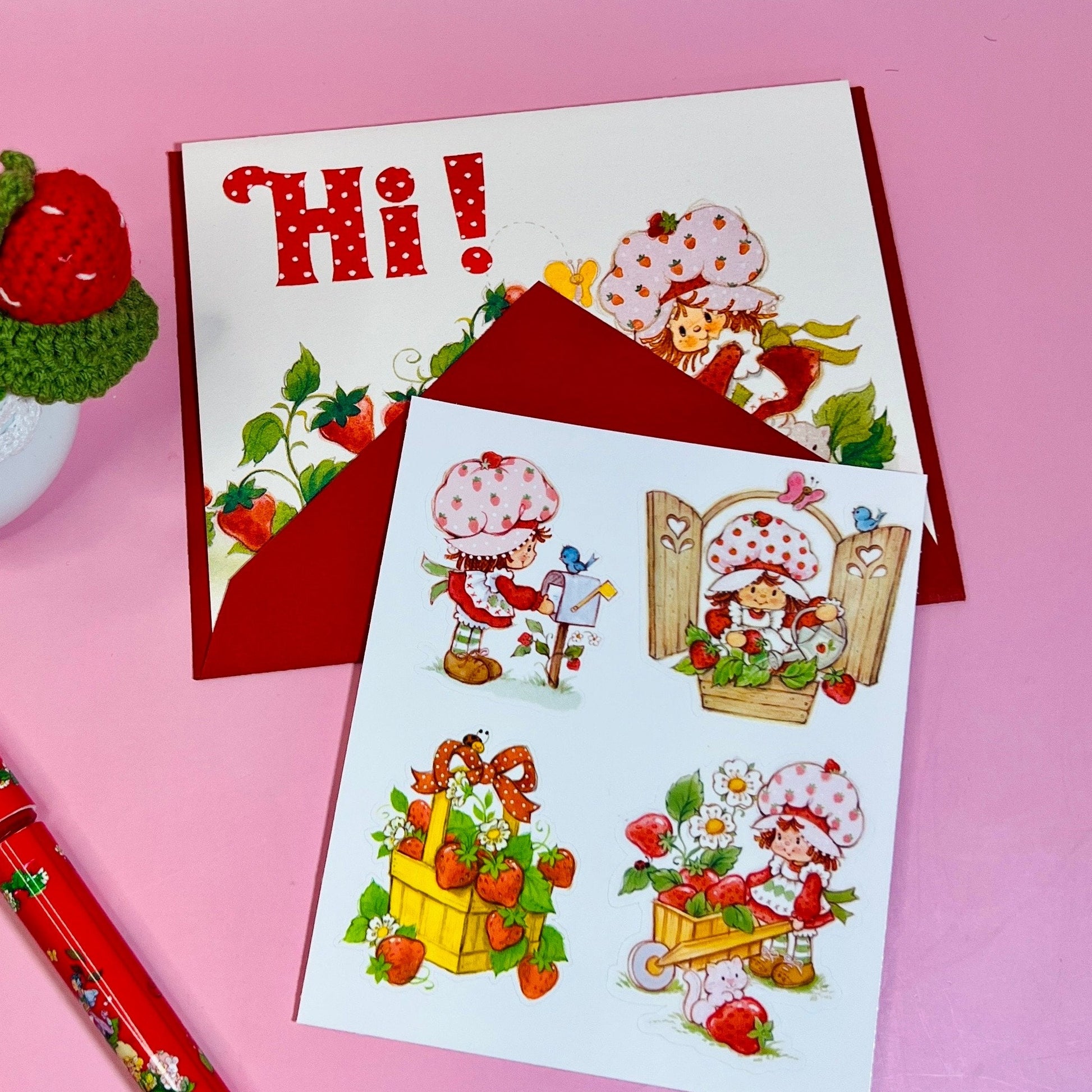 Vintage 1983 Strawberry Shortcake “Hi!” Note Card (blank inside) with Stickers and Envelope! - Dolly Magic
