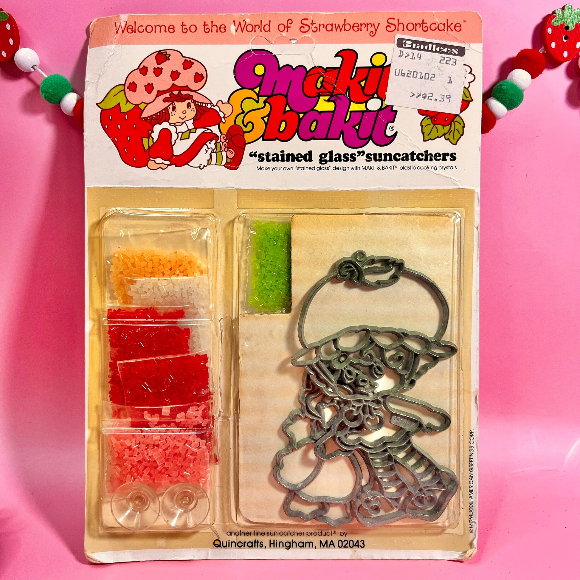 Vintage Strawberry Shortcake 1982 "Makit Bakit" Stained Glass Suncatcher Kit featuring Cherry Cuddler & Gooseberry - Dolly Magic