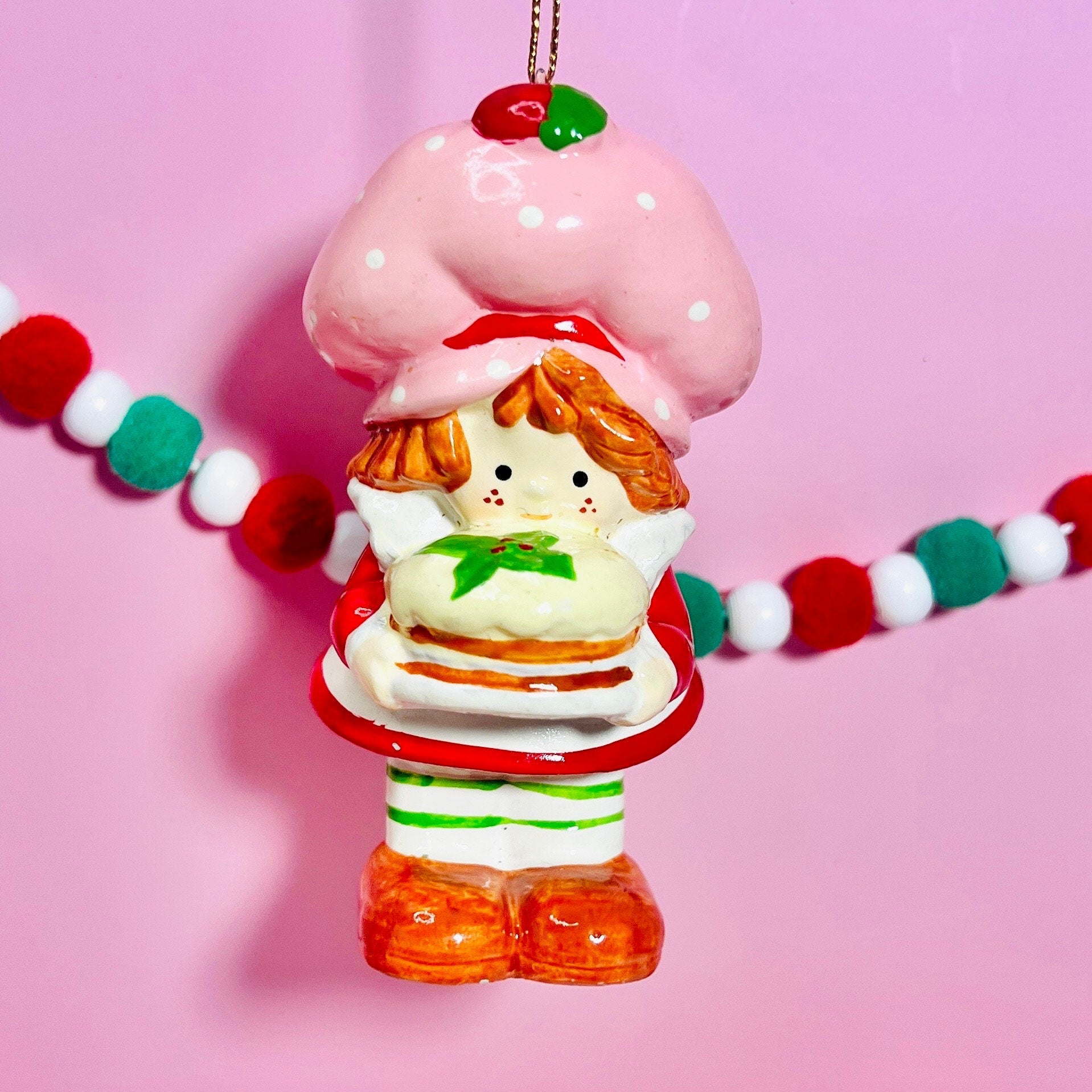 RARE 1982 Vintage Strawberry Shortcake Ceramic Christmas Ornament - Strawberry Herself with a Christmas Cake - Dolly Magic