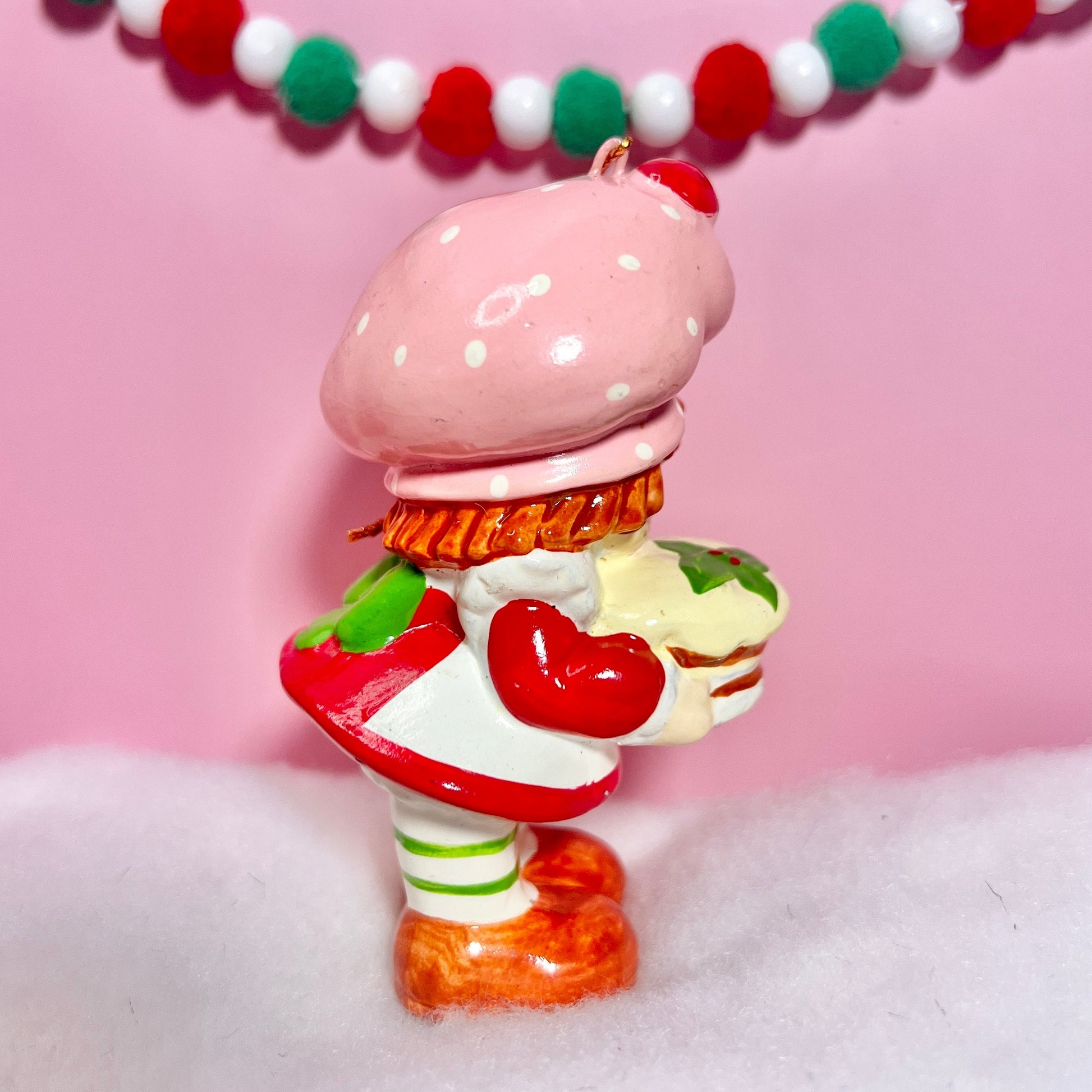 RARE 1982 Vintage Strawberry Shortcake Ceramic Christmas Ornament - Strawberry Herself with a Christmas Cake - Dolly Magic