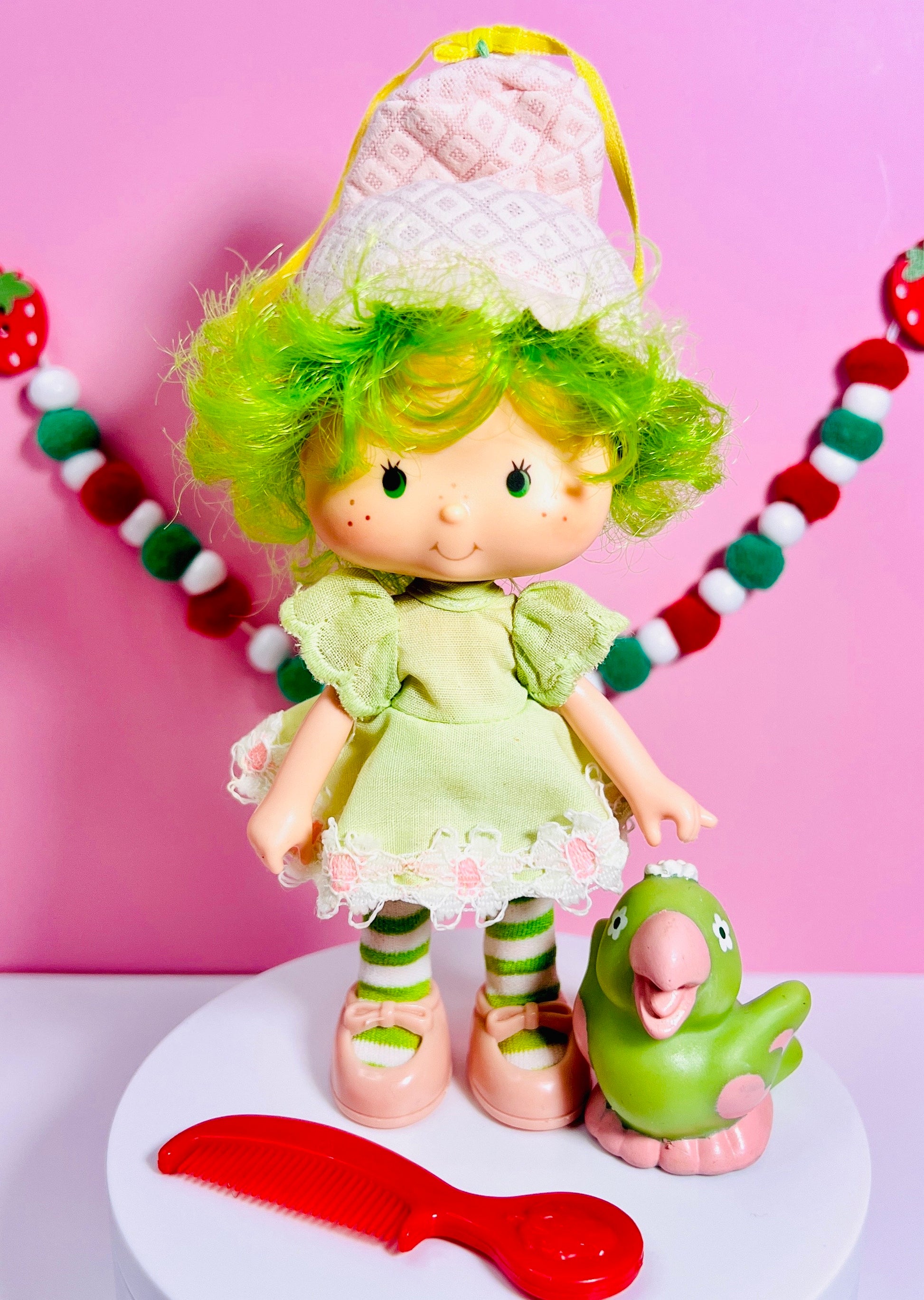 Vintage 1980s Lime Chiffon Strawberry Shortcake doll with her pet Parfait Parrot! Gift Wrap and SCENTED Option Available! - Dolly Magic
