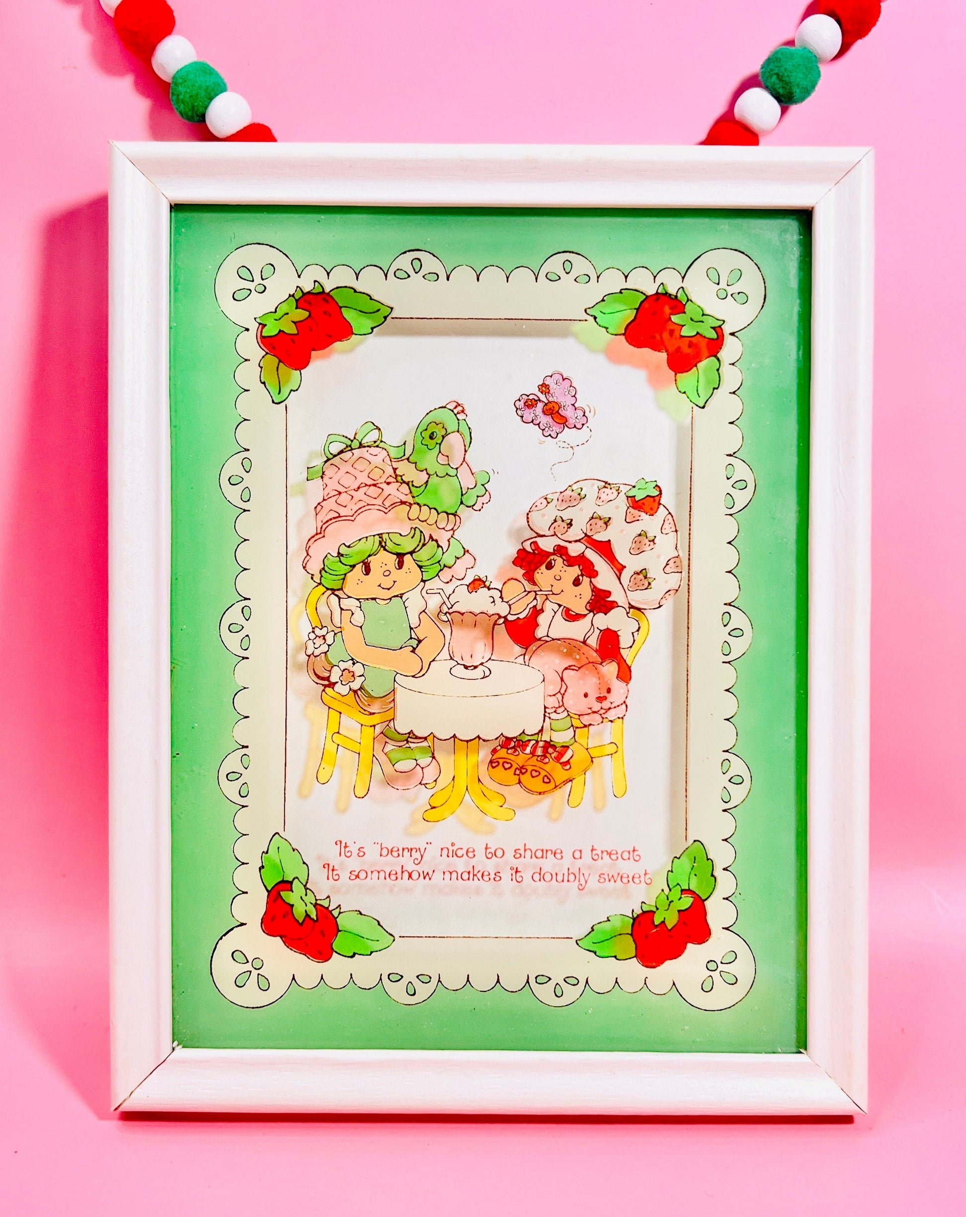 Vintage 1980 Strawberry Shortcake 3D Glass Framed “Friendship” Picture - Dolly Magic