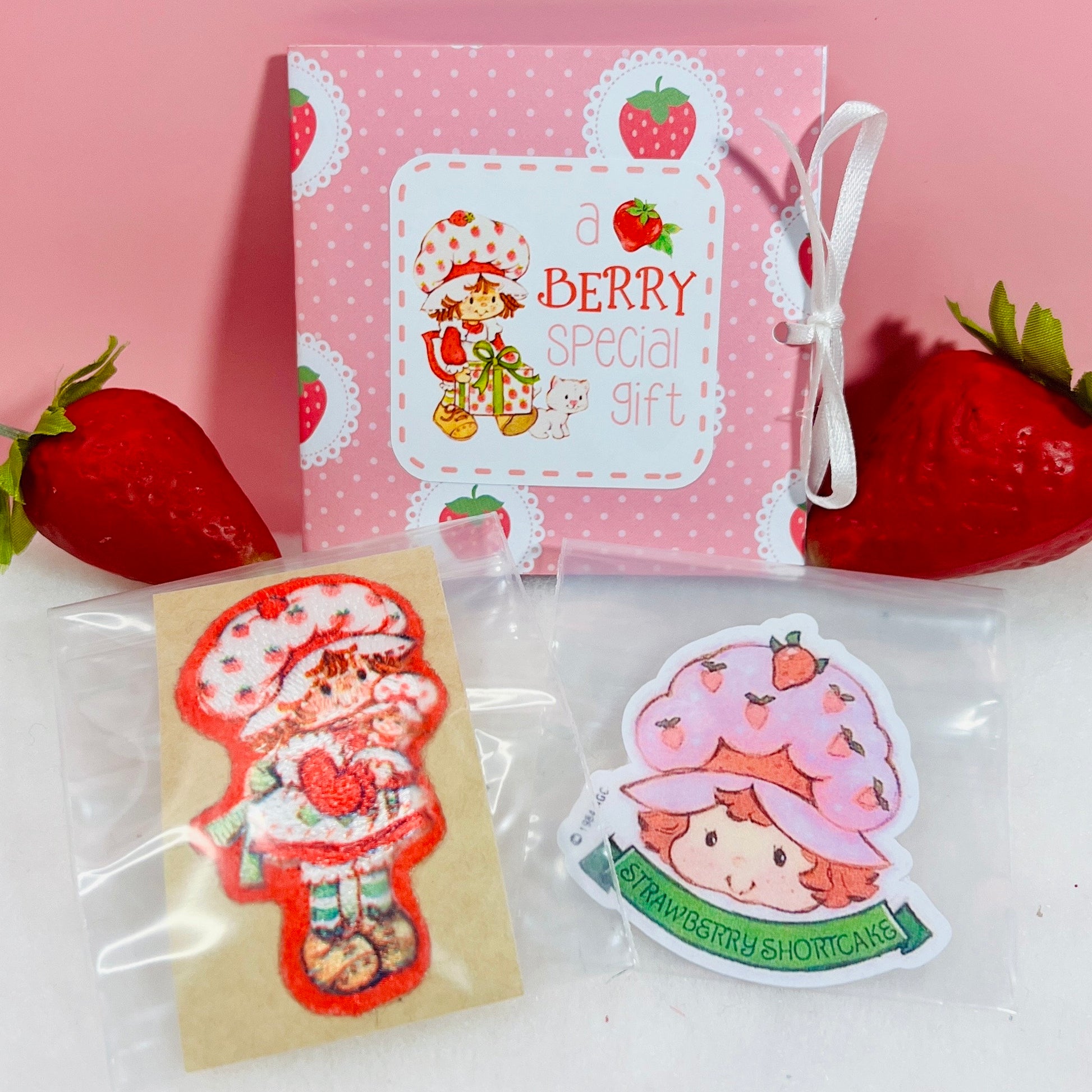 Vintage Strawberry Shortcake Stick On Patch & Sticker with Matching Card: Strawberry with Doll - Dolly Magic