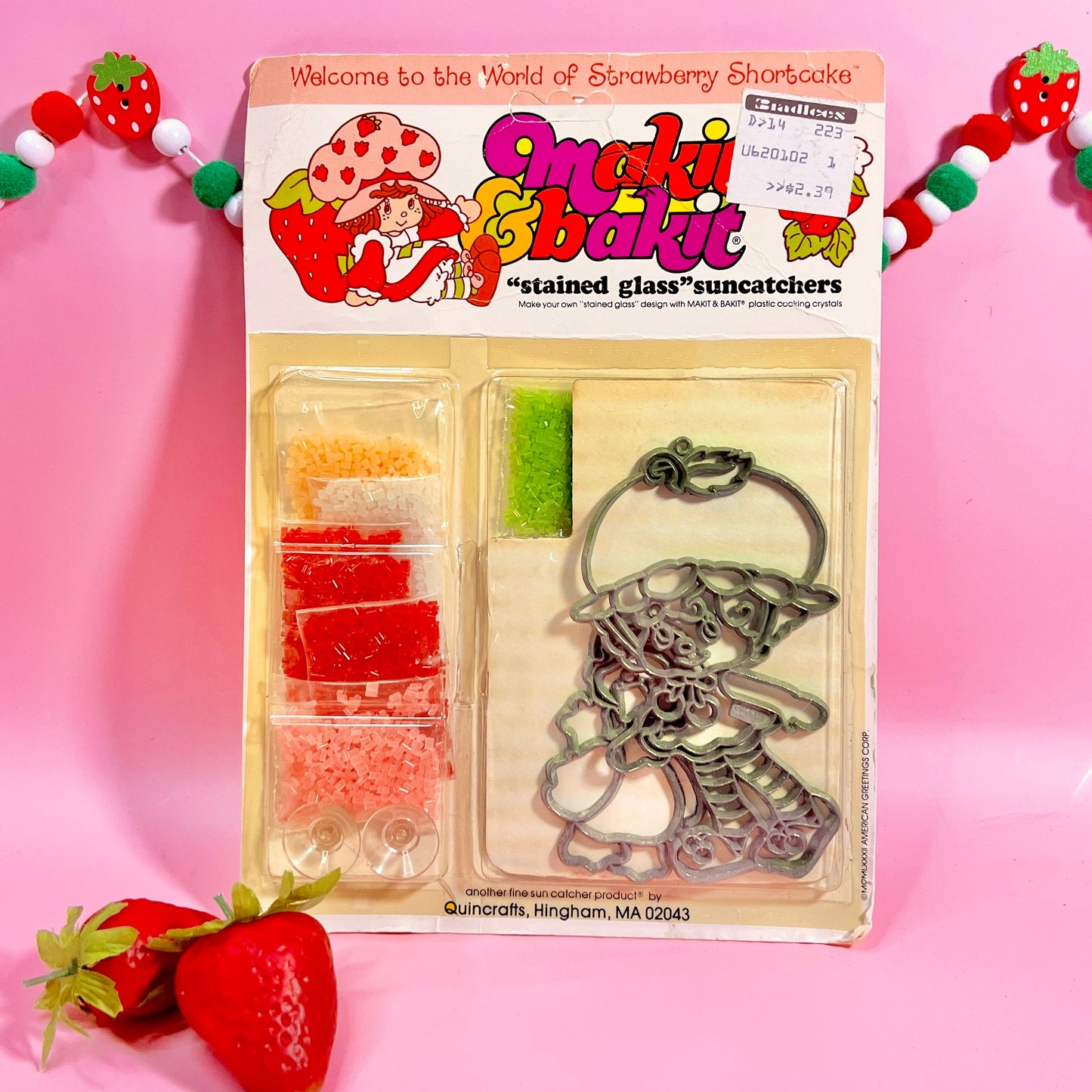 Vintage Strawberry Shortcake 1982 "Makit Bakit" Stained Glass Suncatcher Kit featuring Cherry Cuddler & Gooseberry - Dolly Magic