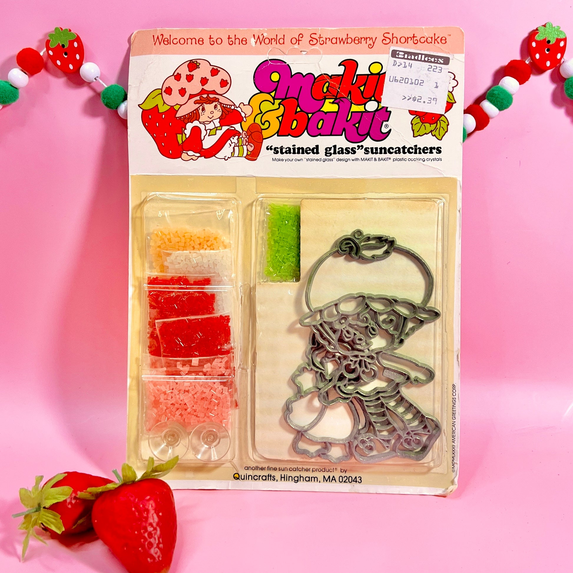 Vintage Strawberry Shortcake 1982 "Makit Bakit" Stained Glass Suncatcher Kit featuring Cherry Cuddler & Gooseberry - Dolly Magic