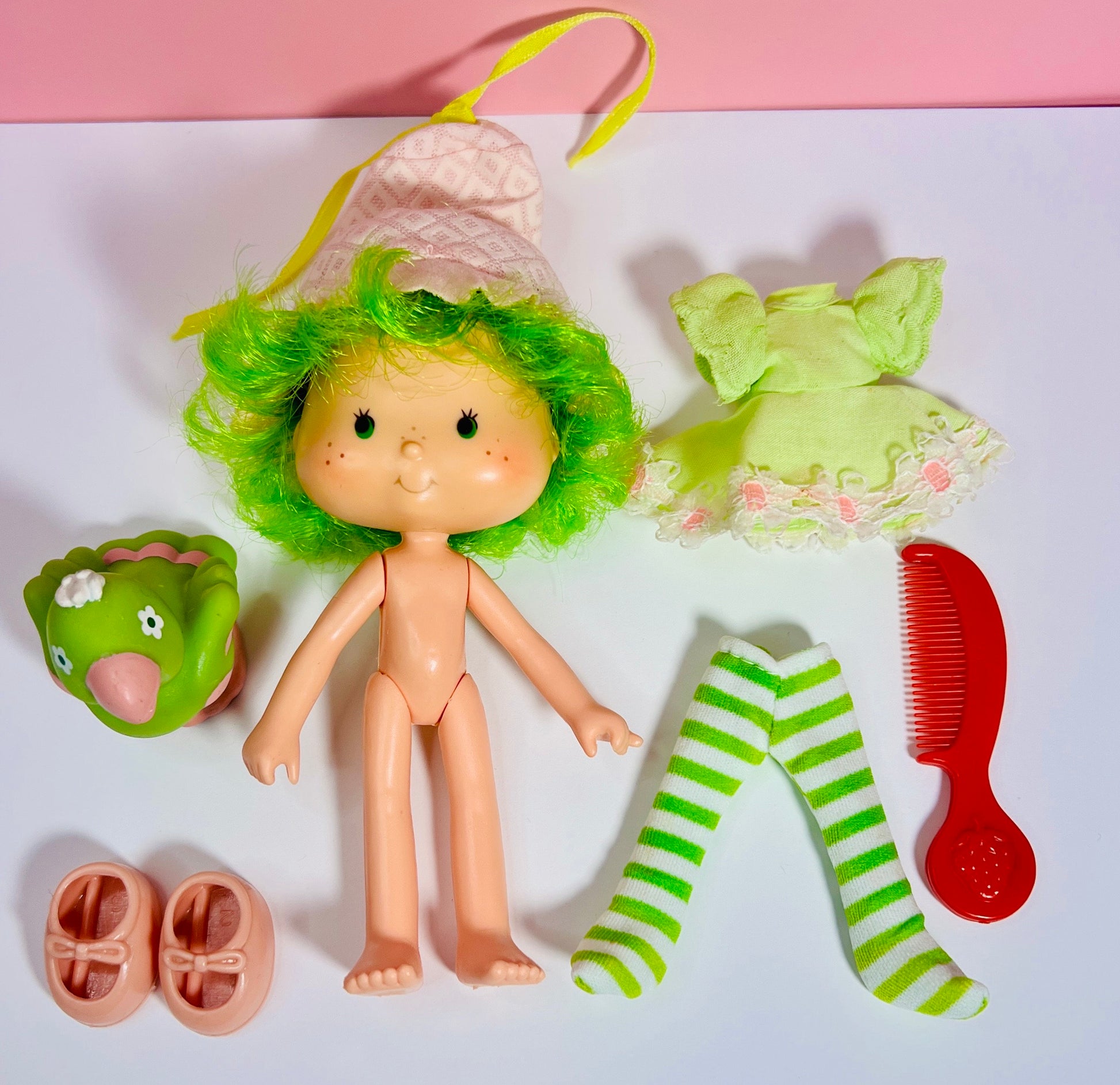 Vintage 1980s Lime Chiffon Strawberry Shortcake doll with her pet Parfait Parrot! Gift Wrap and SCENTED Option Available! - Dolly Magic