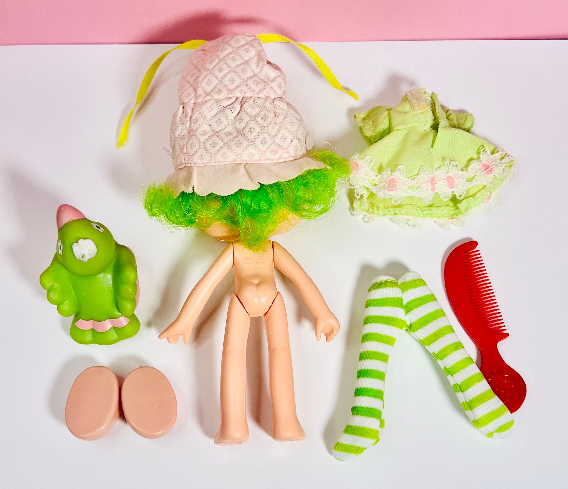 Vintage 1980s Lime Chiffon Strawberry Shortcake doll with her pet Parfait Parrot! Gift Wrap and SCENTED Option Available! - Dolly Magic
