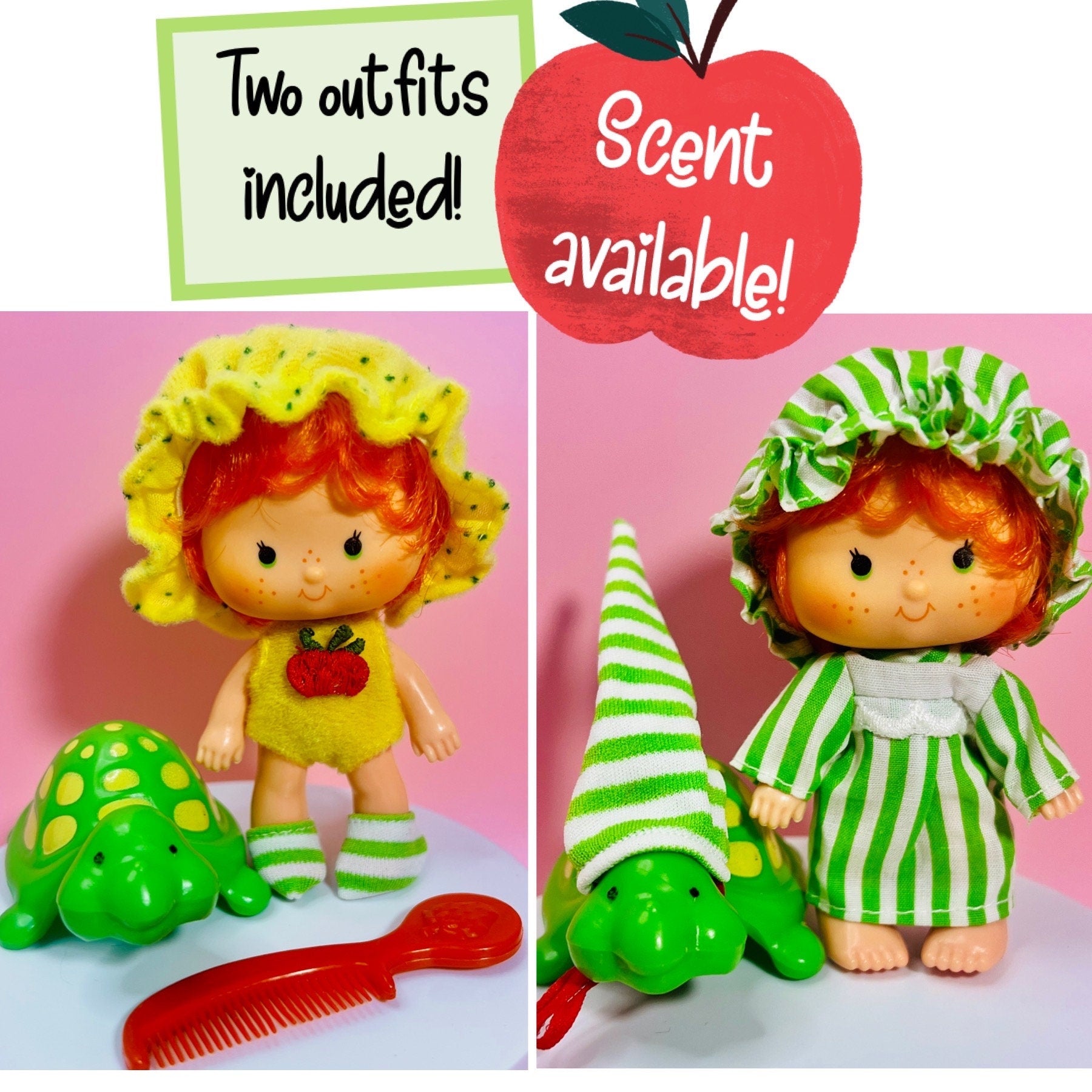Vintage Apple Dumpling Strawberry Shortcake Doll with Pet Teatime Turtle, Plus Berry Good Nite Set! Optional SCENT and Gift Wrap! - Dolly Magic
