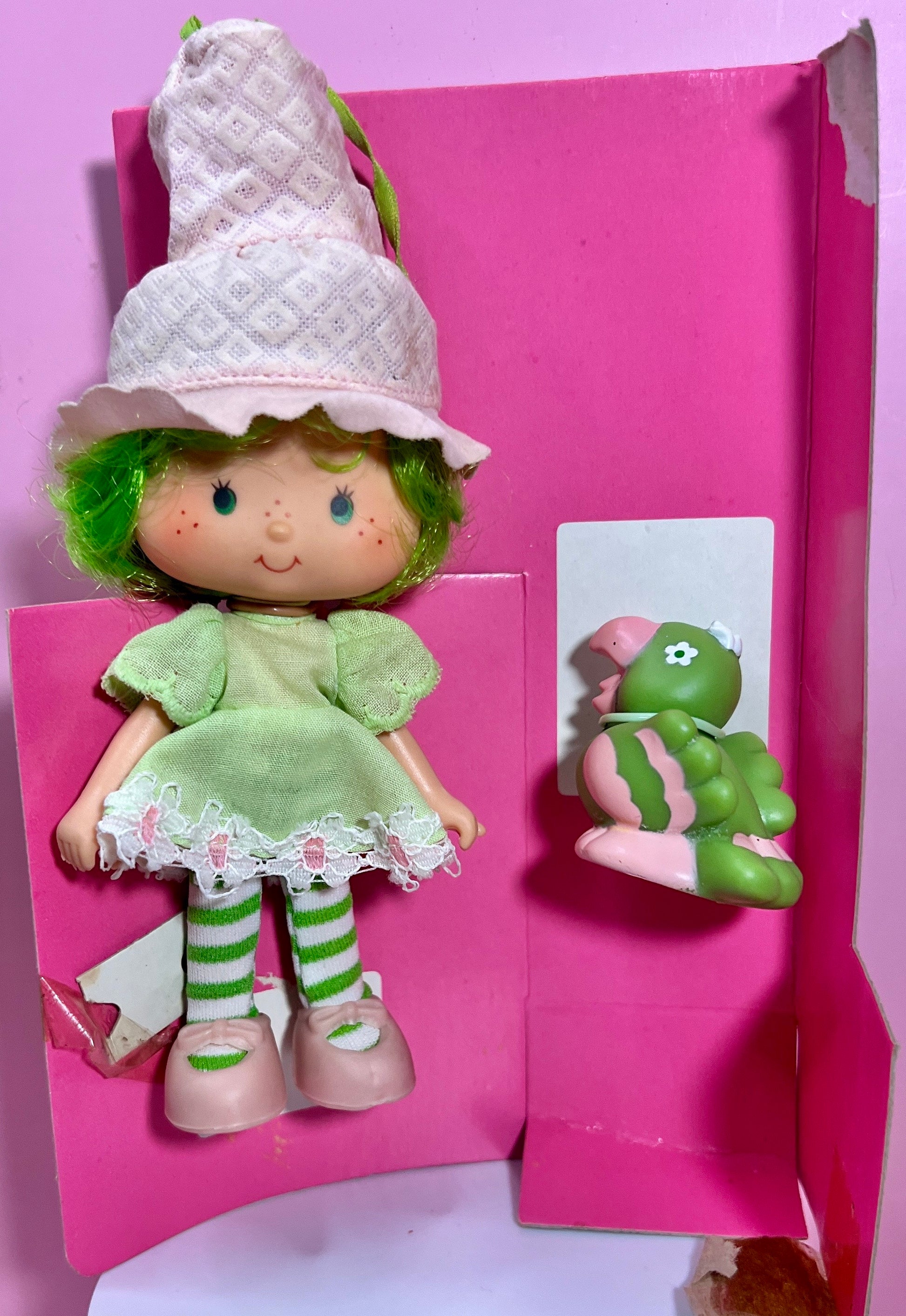 1980s Vintage Lime Chiffon Doll in Box with Pet Parfait Parrot from Strawberry Shortcake! Optional Scent and Gift Wrap! - Dolly Magic